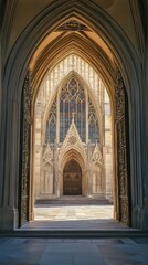 Gothic cathedral entrance bathed in sunlight