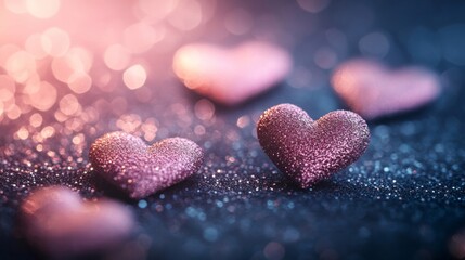 Obraz premium Glittering Pink Hearts on Sparkling Background