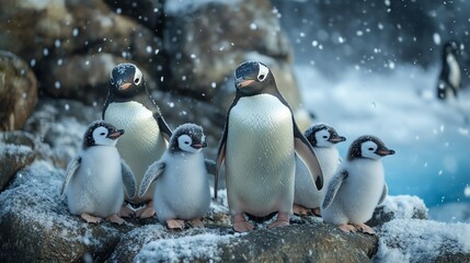 Obraz premium Group of playful penguins in snow