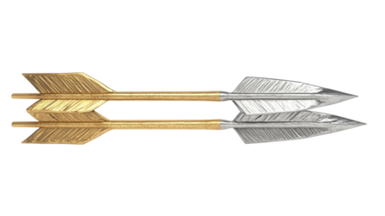 Minimalist metallic arrowheads in gold and silver, sleek design, transparent background, ideal for modern digital applications