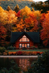Autumnal Log Cabin Nestled Among Vibrant Fall Foliage