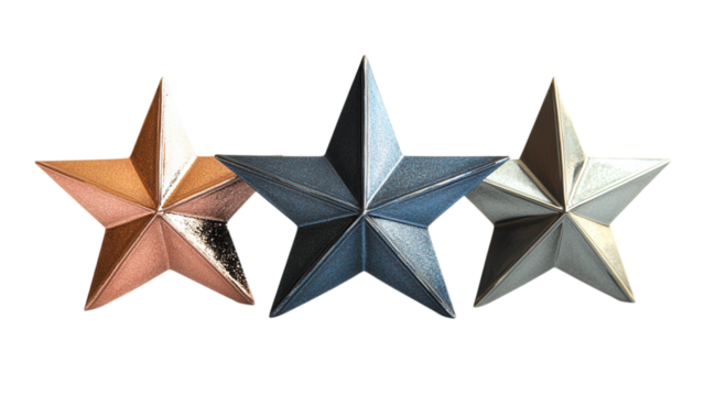 Metallic Geometric Stars, sleek minimalist design, bold finishes, ideal for modern decor or graphic projects, transparent background, versatile use