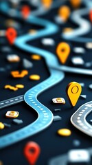 Colorful Digital Map Featuring Navigation Icons and Location Markers on a Geometric Background