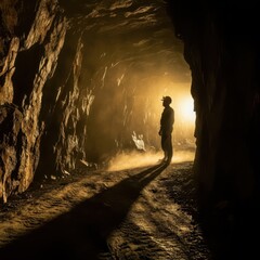 Fototapeta premium cave exploration, silhouette of person, dramatic light, cave opening, sunbeam, mysterious atmosphere, dark cavern, rocky terrain, adventure, discovery, tunnel exit, backlit figure, natural wonder, und