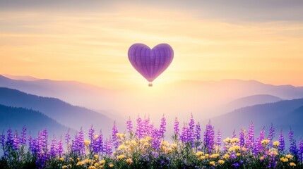 Fototapeta premium Heart-Shaped Balloon Soaring Over Mountain Sunrise