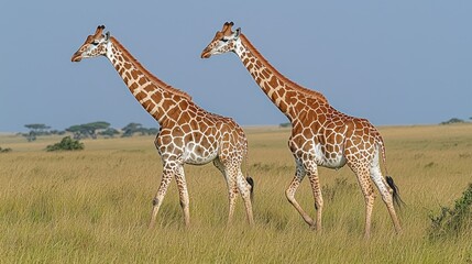 Obraz premium Two giraffes walking in savanna with trees in background