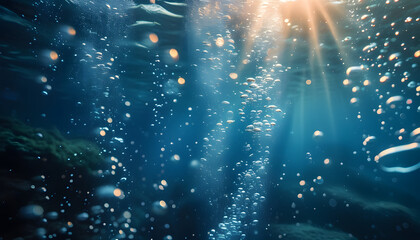 Fototapeta premium Bubbles rising in underwater scene with bokeh effects ocean depths photography aquatic environment serene viewpoint