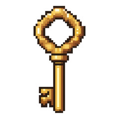 Obraz premium Pixel art key icon, vibrant colors, transparent background, ideal for digital designs, game assets, user interface elements