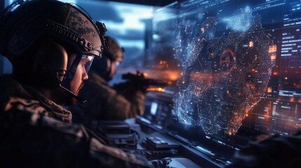 A futuristic command center with officers strategizing using real-time holographic maps of the battlefield