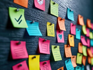 Colorful Sticky Notes Displayed on a Wall Representing Organized Thoughts and Ideas