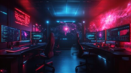 A futuristic control room with glowing multi-screen setups, technicians managing AI-driven systems with intense focus
