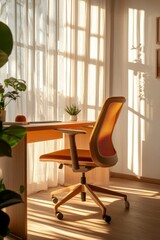 Fototapeta premium Sunlit Office Space With Orange Chair And Wooden Desk