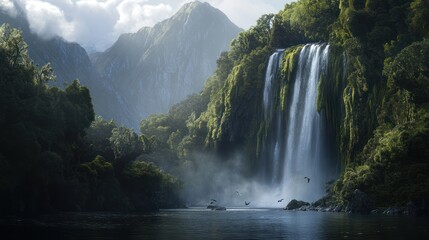 Fototapeta premium Majestic waterfall cascading down lush green mountains; birds flying, calm river below; nature backdrop