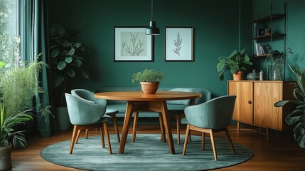 Mint color chairs at round wooden dining table in modern Scandinavian living room