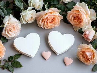Romantic Composition of Hearts and Roses for Love or Wedding Themes with Soft Color Palette and Elegant Arrangement