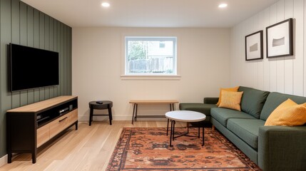 Cozy Modern Living Room with Green Sofa and Wooden Furniture in Bright Space
