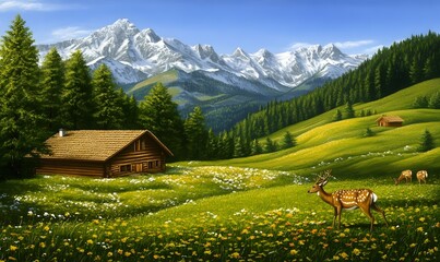 Fototapeta premium Deer graze in Alpine meadow near wooden cabins, majestic mountains in background; idyllic nature scene for calendars or travel brochures