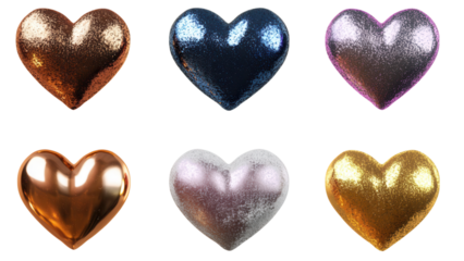 Shiny Metallic Hearts on Transparent Background, Vibrant design elements, Perfect for digital projects and creative applications