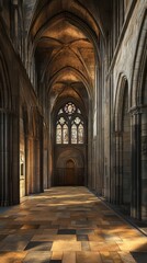 Sunlit cathedral aisle and stained glass