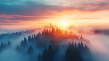 Obraz premium Majestic sunrise over misty forests tranquil landscape aerial view nature's beauty serene