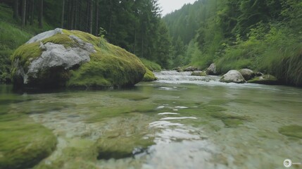 Clear Stream Flowing Through Lush Green Forest