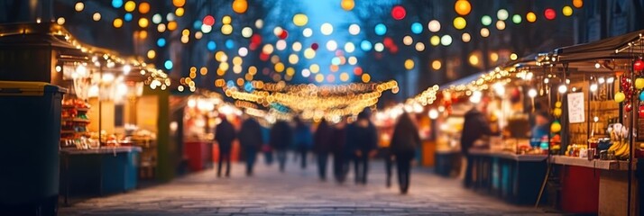Obraz premium Night market, vibrant street scene, glowing lanterns, food stalls, bustling crowd, neon lights, urban atmosphere, colorful storefronts, warm ambient lighting, lively cityscape, panoramic view, blurred