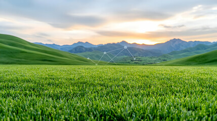 Sunset over green grassland, mountain backdrop, data overlay, nature conservation