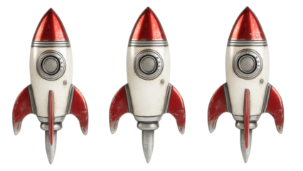 Metallic silver and red tiny rocket ships, vibrant design, transparent background, ideal for digital projects and creative applications