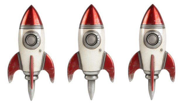 Metallic silver and red tiny rocket ships, vibrant design, transparent background, ideal for digital projects and creative applications