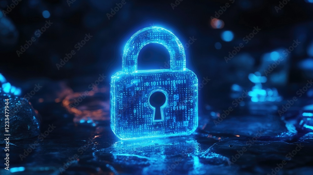 Poster futuristic digital lock with binary code glowing in dark environment