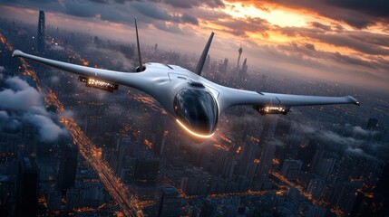A futuristic missile system capable of self-navigation and real-time obstacle avoidance, flying over an urban landscape