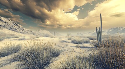 A vast desert landscape under dramatic skies, featuring sparse vegetation and distant mountains.