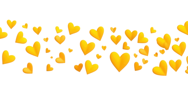 Diagonal arrangement of yellow hearts in various sizes, vibrant and cheerful, perfect for digital designs and decorations