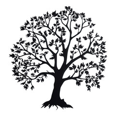 Obraz premium Majestic Tree Silhouette, Black paper design featuring detailed branches and leaves, perfect for nature-themed projects, transparent background.