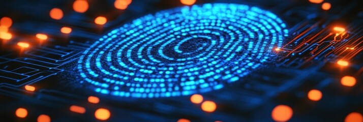 Obraz premium Digital fingerprint, glowing blue biometric scan, futuristic technology, orange data particles, cybersecurity concept, high-tech identification, digital identity, circuit board background, neon lights