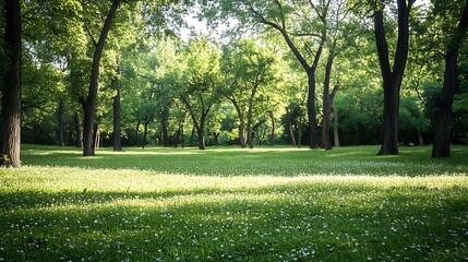 A serene park scene with lush green trees and a meadow of white flowers.