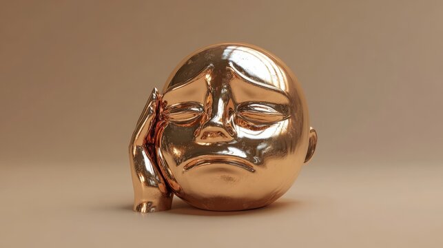 A reflective metallic face-palm emoji, rendered in 3D on a neutral beige background