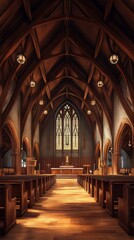 Fototapeta premium Tranquil church interior, sunlit aisle.