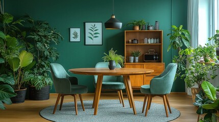 Mint color chairs at round wooden dining table in modern Scandinavian living room