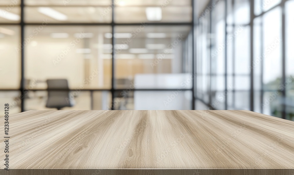 Poster A smooth wooden table surface in the foreground with a blurred modern office background featuring glass walls and soft lighting. Perfect for product showcases, corporate designs, and workspace visuals