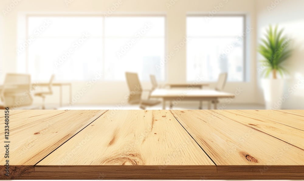 Poster a smooth wooden tabletop in the foreground with a softly blurred, bright office environment in the b