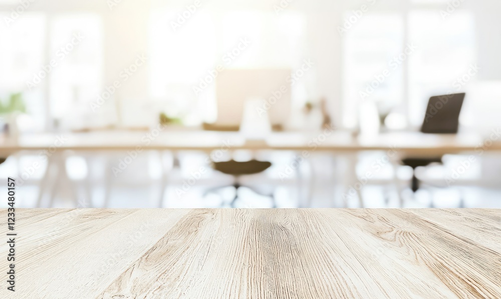 Poster a bright wooden table surface in the foreground with a softly blurred modern office setup in the bac