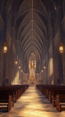 Fototapeta premium Grand church interior, sunlight streams in