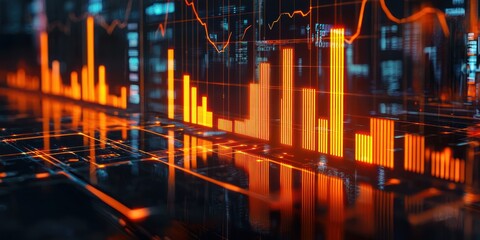 Bright financial bar graph with high-gloss textures and glowing orange progress lines