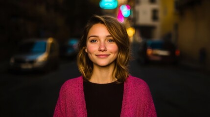 Fototapeta premium Young Woman Smiling City Street Portrait Night