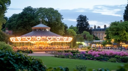 Illuminated Carousel in City Park at Dusk