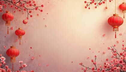 Chinese new year decoration background with lantern and plum blossom. Concept of festive celebration and culture.