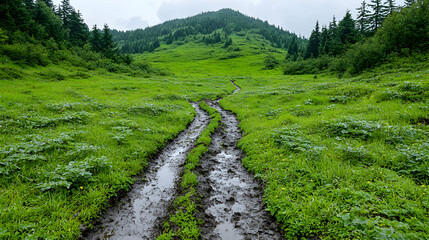 Mountain meadow trail, muddy path, green hills, overcast sky, hiking
