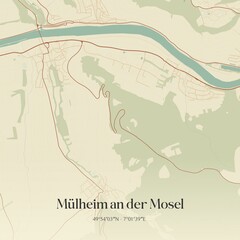 Vintage map of Mulheim an der Mosel, Germany.