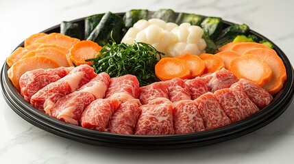 A beautifully arranged platter of marbled beef, fresh vegetables, and seafood on a marble table